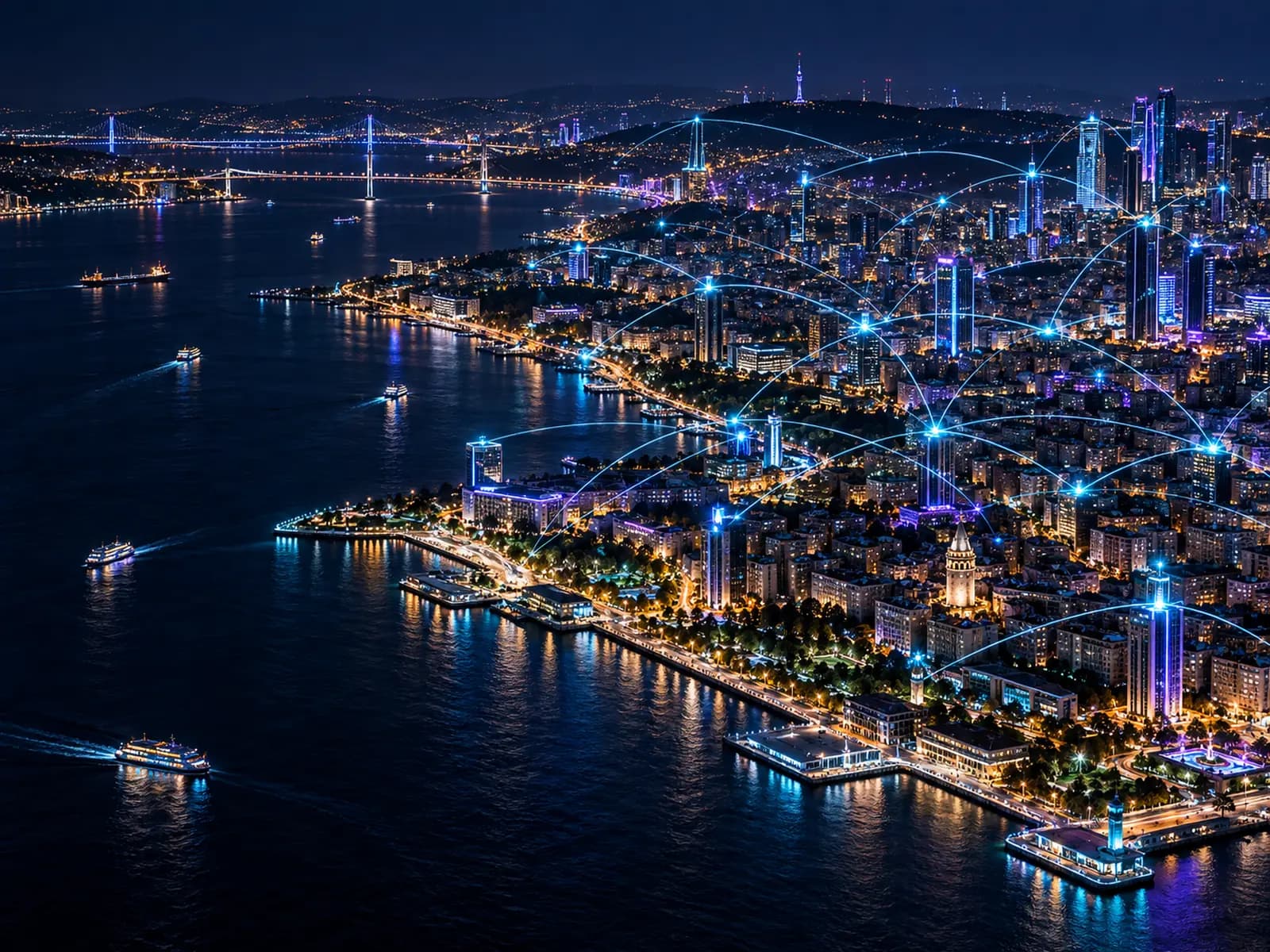 Tekirdağ sahili üzerinde gece ağ bağlantılarının görselleştirmesi